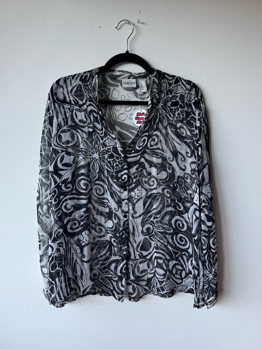 Chico's Silk Black & White Swirl Print Button Up Blouse